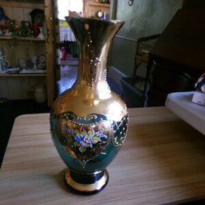 antique hand painted blue green glass vase.